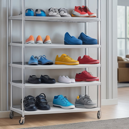 A sleek, modern adjustable rolling shoe rack filled with colorful sneakers and elegant heels, set against a bright, organized hallway. Featured wheels for mobility, showcasing versatility and easy access in a stylish environment.