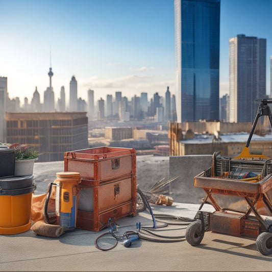 A clutter-free worksite with a small, rusty toolbox on wheels, surrounded by organized tools and cables, in the foreground of a construction site with a blurred cityscape background.