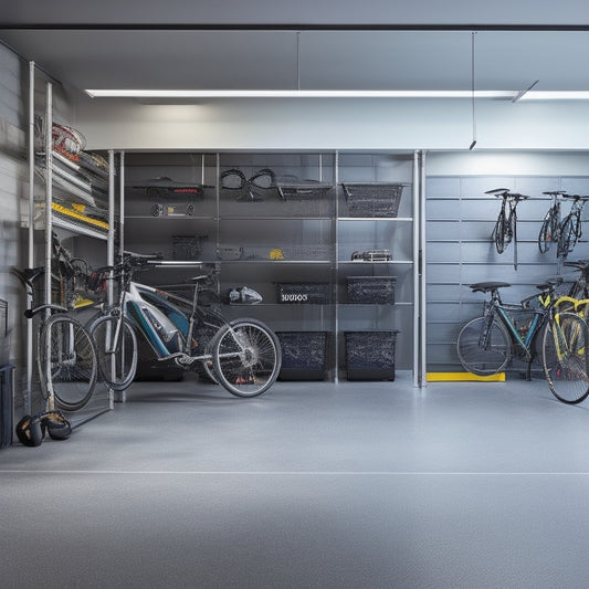 A modern, well-organized garage with sleek, silver Triton storage units, holding various tools and equipment, surrounded by a few bicycles and a sports car, with a bright, polished concrete floor.