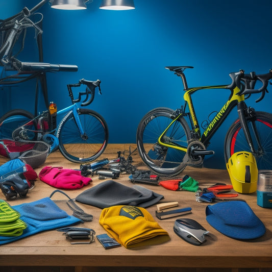 A clutter-free workshop table with a shiny road bike centered, surrounded by neatly arranged essential gear: a helmet, gloves, pump, multi-tool, and a few colorful accessories like reflectors and a cycle computer.