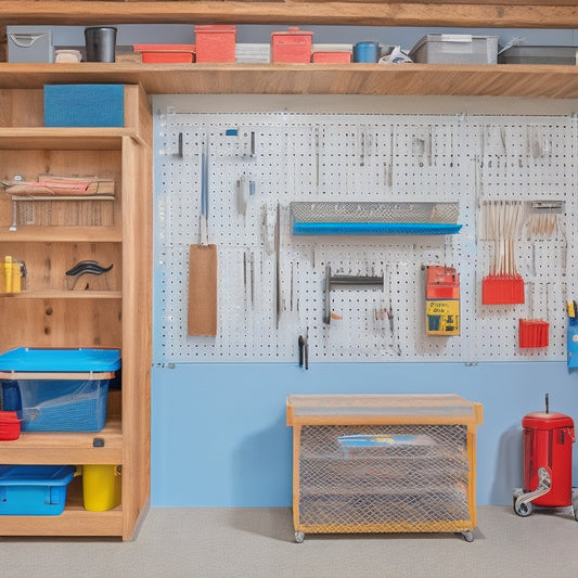 A clutter-free workshop with a variety of custom tool storage solutions, including a pegboard with hanging tools, a rolling cabinet with labeled drawers, and a wall-mounted organizer with bins and hooks.