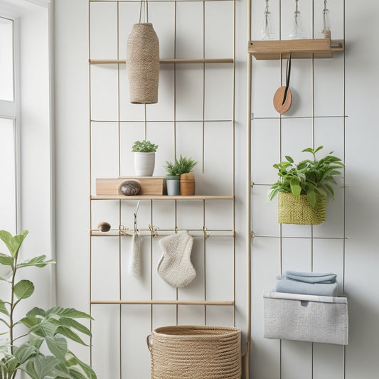 A minimalist white wall with a wooden shelf and three hanging organizers: a woven basket, a metal grid, and a fabric pocket, each containing neatly arranged items like books, plants, and decorative objects.
