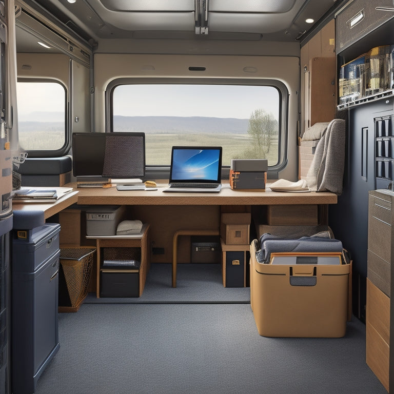 A clutter-free, organized interior of a work van with neatly stacked, labeled toolboxes and storage bins, a laptop and tablet on a mounted desk, and a hint of cityscape through the open side door.