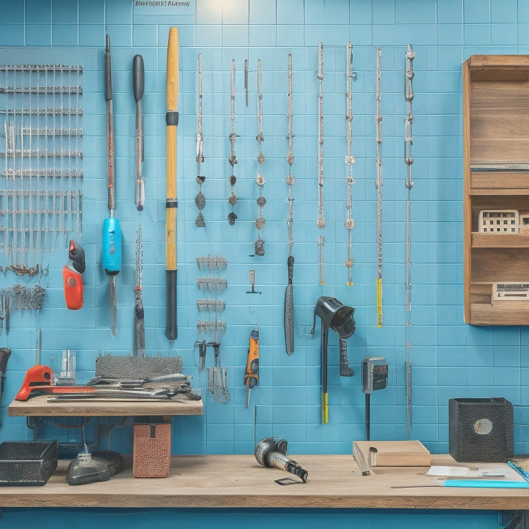 A well-organized workshop with a pegboard on a wall, various tools and accessories hung neatly, a drill and a hammer placed prominently, and a few screws and bolts scattered around the base.