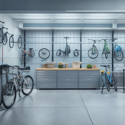 A clutter-free garage with a sleek, gray concrete floor, featuring three bikes suspended from the ceiling by sturdy, silver hangers, surrounded by neatly organized tools and storage bins.