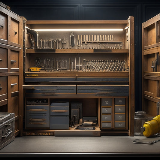 A well-organized machinist tool chest with open drawers revealing neatly arranged rows of precision instruments, wrenches, and screwdrivers, lit by a warm, soft glow, set against a clean, dark gray background.