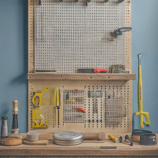 A pegboard with a mix of neatly organized tools, such as a hammer, level, and screwdrivers, alongside clever hacks like a repurposed muffin tin for small parts and a magnetic strip for metal bits.