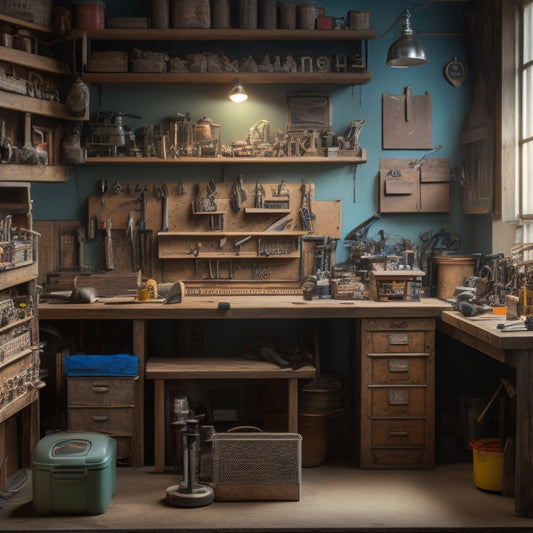 A cluttered workshop with tools scattered on a workbench, contrasted with a organized storage tool cabinet in the background, with labeled drawers, hooks, and a pegboard.
