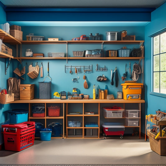 A tidy garage interior with a slatwall adorned with hooks, bins, and baskets, a workbench with a pegboard, and a floor-to-ceiling shelving unit with labeled storage containers.