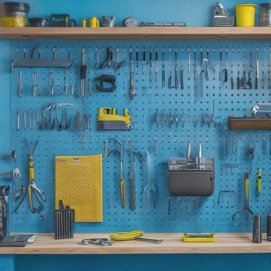 A pegboard with various tools and accessories, such as wrenches, pliers, and screwdrivers, neatly organized and hanging from hooks, set against a clean and tidy small garage backdrop with a workbench and cabinets.