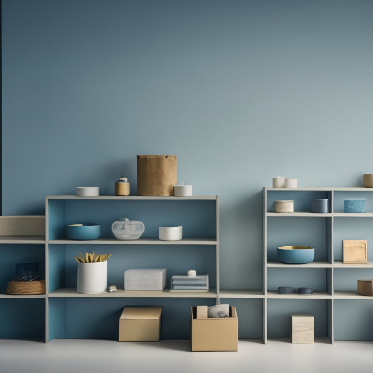 A serene, minimalist room with 5 identical boxes, each labeled with a different color sticker, arranged on a shelf, surrounded by a few, carefully placed decorative items and plenty of negative space.