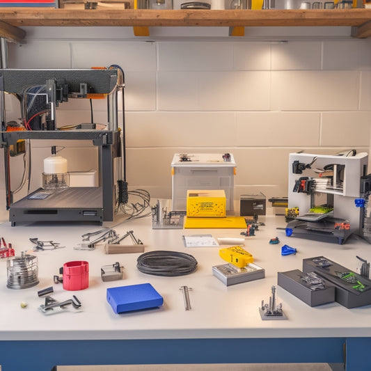 A clutter-free workshop with a sleek, silver 3D printer on a tidy workbench, surrounded by neatly organized tools and a few scattered, colorful prototype parts.