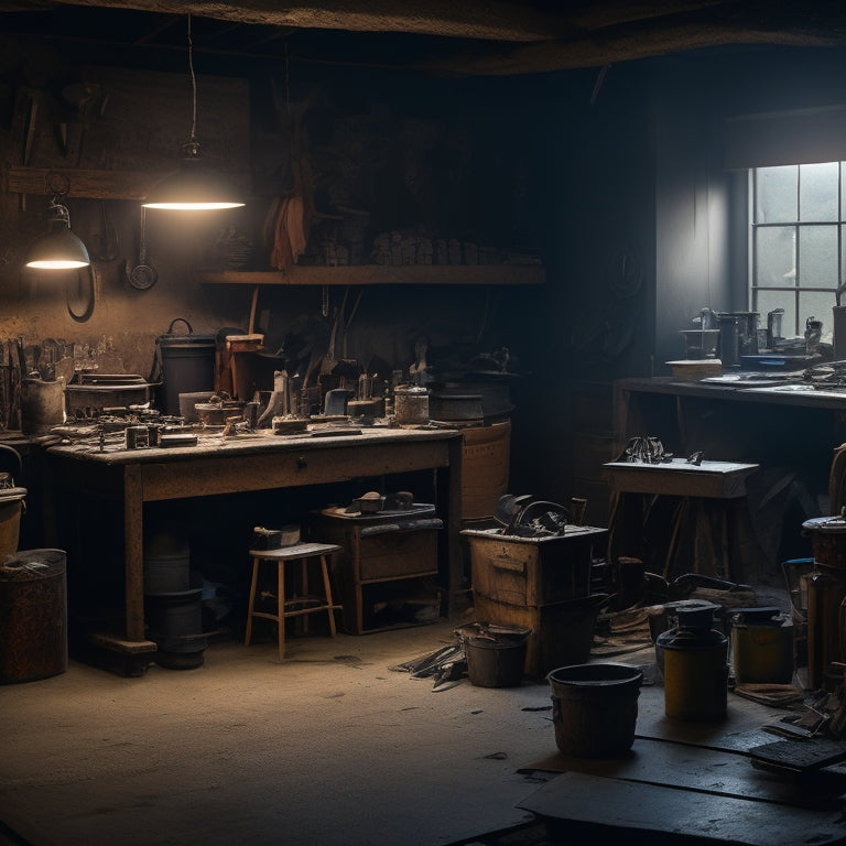 A dimly lit workshop with scattered tools, half-finished projects, and dusty machinery, surrounded by cobwebs, with a faint smell of wood shavings and oil lingering in the air.