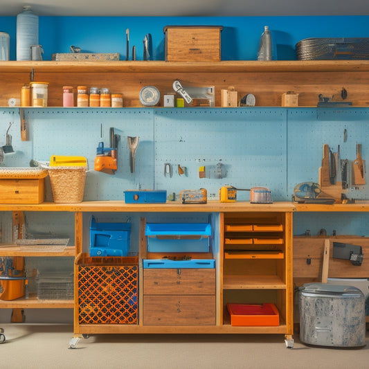 A clutter-free small workshop with a pegboard on the back wall,holding various tools, a sliding tool chest with labeled drawers, and a compact workbench with built-in storage bins.