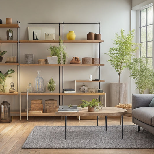 A modern living room with a partially built custom shelving unit, featuring wooden planks, metal brackets, and decorative vases, surrounded by design plans, pencils, and a measuring tape.