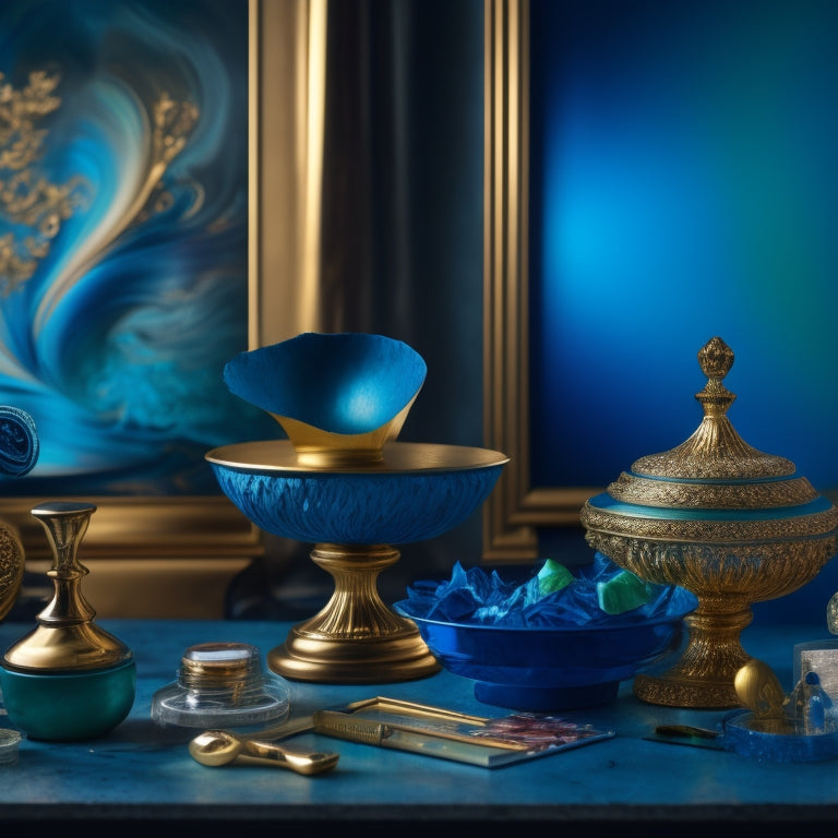 A vibrant, abstract background with swirling brushstrokes in shades of blue, green, and gold, featuring a stylized, golden trophy or award statue in the center, surrounded by scattered art supplies.