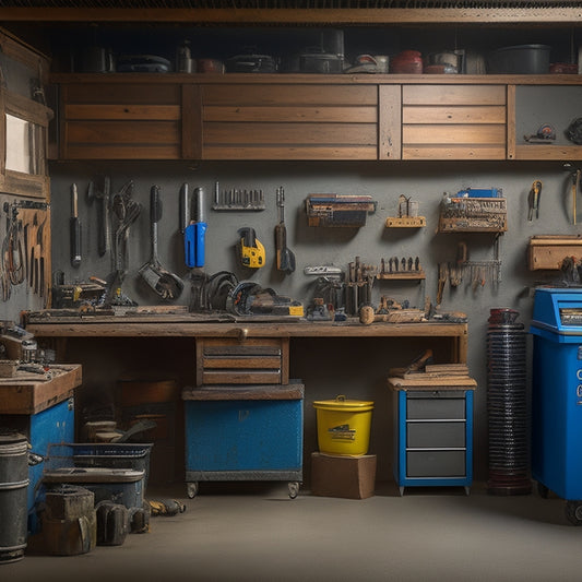 A cluttered garage workshop with scattered tools and parts, alongside a sleek, organized rolling tool box with drawers and a handle, parked beside a well-organized workbench.