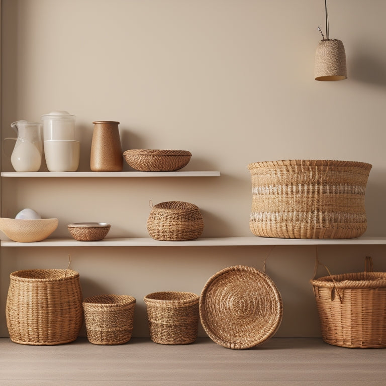 A tidy, minimalist shelf with 5-7 woven baskets in various sizes, arranged in a harmonious gradient of natural tones, with subtle shadowing and warm, soft lighting.