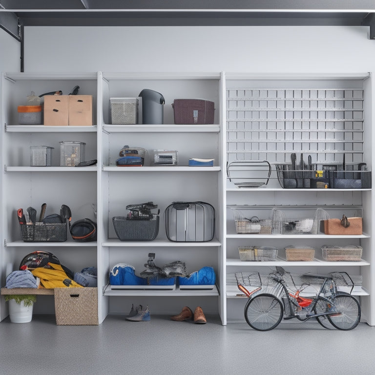 A well-organized garage with sleek, silver shelves and baskets, holding neatly arranged tools, sports equipment, and storage bins, against a clean, gray concrete floor and a white wall.