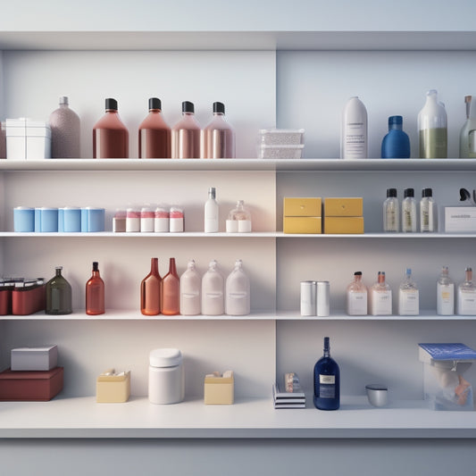 An illustration of a retail store shelf with perfectly arranged products, varying in size and shape, with an invisible grid overlay, showcasing optimal product placement and visual merchandising.
