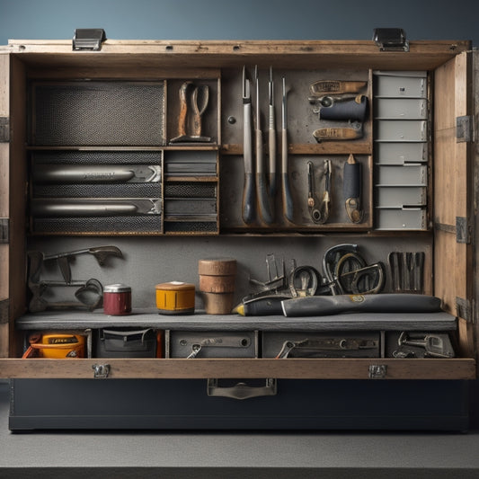 A well-organized tool chest with a modular system of stacked drawers, each containing a specific set of tools, such as wrenches, pliers, and screwdrivers, against a clean, gray background.