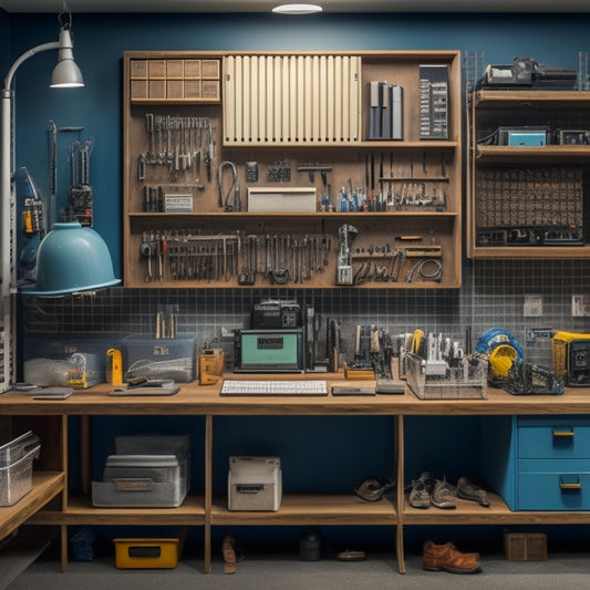 A well-organized electrician's workstation with a pegboard on the wall, holding neatly arranged tools and accessories, and a rolling cabinet with labeled drawers and a built-in charging station.
