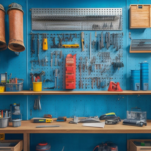 A well-organized workshop with a custom pegboard featuring neatly arranged tools, including wrenches, pliers, and screwdrivers, hung from hooks and bins, surrounded by a clean and clutter-free workspace.