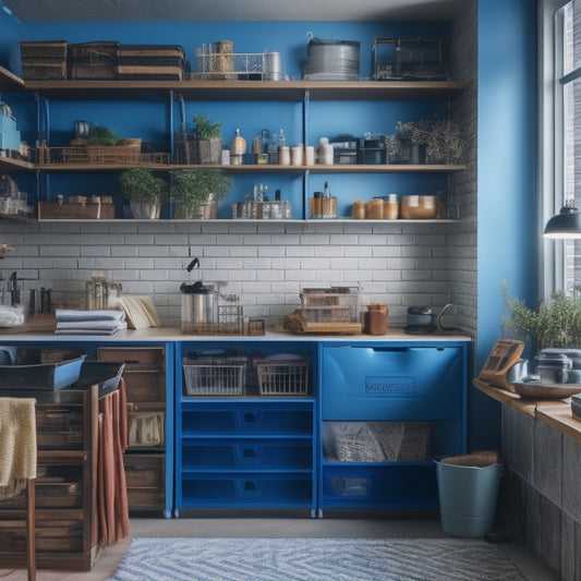 A cluttered city apartment background with tool-filled shelves and countertops, contrasted with a sleek, modern storage system featuring labeled bins, hooks, and a compact workstation.