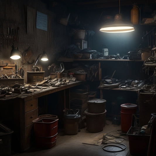 A dimly lit workshop with scattered tools, tangled wires, and half-finished projects, cluttered shelves overflowing with dusty containers, and a workbench buried under a mountain of scraps and debris.