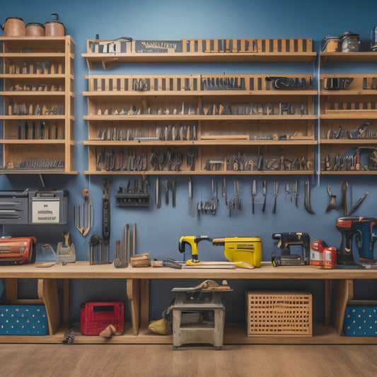 A clutter-free workshop with a pegboard on the wall, holding organized tools like drills and saws, alongside a wooden cabinet with labeled drawers and a shelf for storage bins.