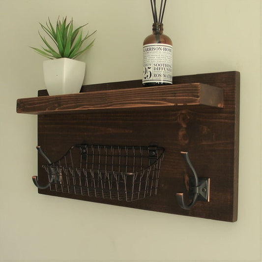 Simply Rustic Mail Organizer Shelf with Storage Basket and Coat Hooks by KeoDecor