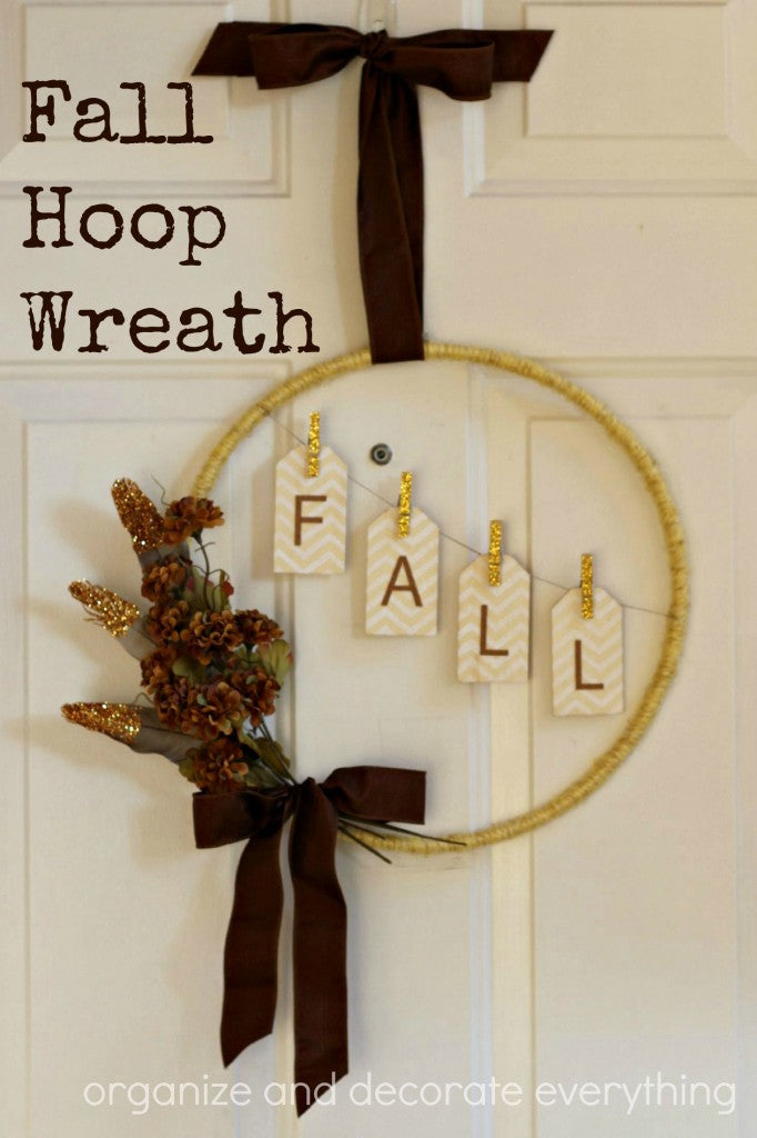Fall Hoop Wreath with hanging tags and a touch of glitter