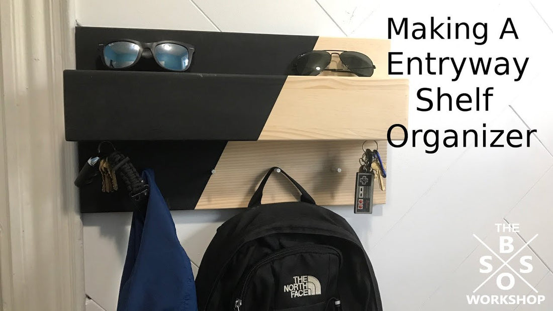 In this video you will see how I made this Entryway Organizer Shelf with coat hangers, and a magnetic key holder