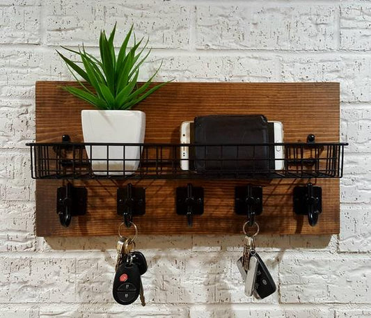 Modern Rustic Entryway Shelf with Basket and Key Hooks by KeoDecor