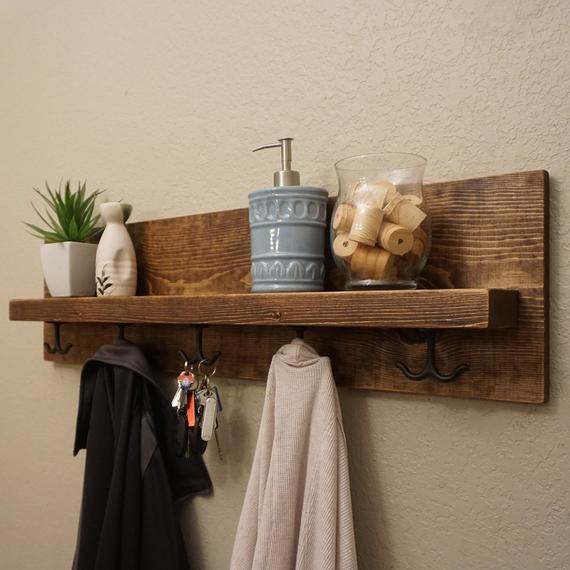 Modern Rustic Entryway Coat Rack with Floating Shelf and Hanging Hooks by KeoDecor