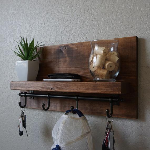 Modern Rustic Entryway Coat Rack Shelf with 4 Dark Bronze Rail Hooks by KeoDecor