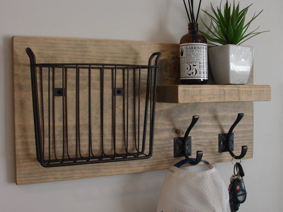 Rustic Mail Organizer with Magazine Basket Floating Shelf and Coat Hooks by KeoDecor