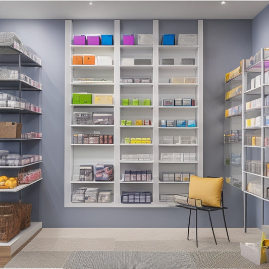 A modern retail store interior with sleek, gray slatwall panels covering the walls, adorned with various shelves, hooks, and bins, holding an array of colorful products and accessories.