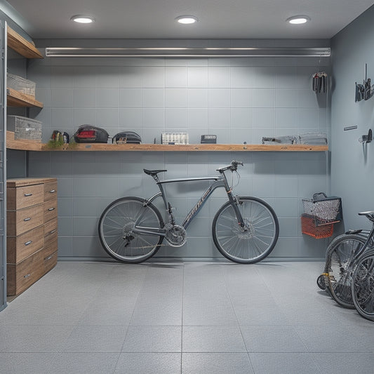 A well-lit, modern garage with sleek, grey cabinets and a polished concrete floor, featuring a pegboard with neatly hung tools, a labeled storage bin, and a wall-mounted bike rack.