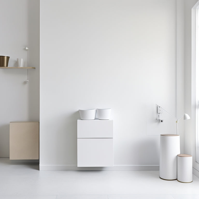 A minimalist, white-walled room with sleek, modern furniture, featuring a series of wall-mounted bins in various shapes, sizes, and materials, arranged artfully to showcase their functionality and design.