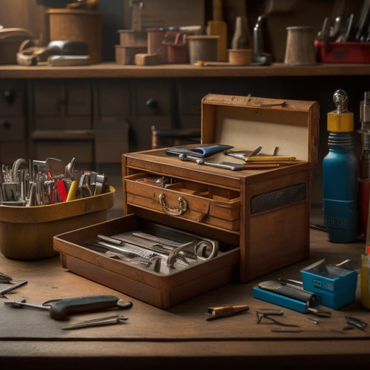 A clutter-free workbench with a miniature metal tool box, approximately 6 inches wide, with a hinged lid open, revealing a neatly organized assortment of small DIY tools and fasteners.