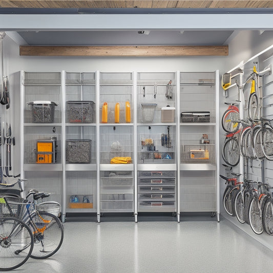 A well-organized garage with sleek, silver storage cabinets, slatwall panels, and a pegboard, adorned with neatly hung bikes, tools, and accessories, illuminated by soft, overhead lighting.