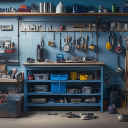 A cluttered tiny garage with scattered tools, contrasted with a neatly organized adjacent section featuring a compact pegboard, stacked clear bins, and a wall-mounted foldable workbench.