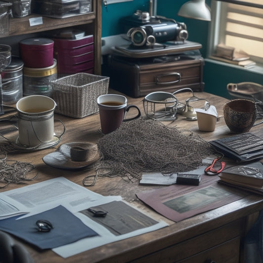 A cluttered desk with scattered papers, empty coffee cups, and tangled cords, featuring a jumbled mess of keys spilling out of a small, overflowing key tray in the foreground.