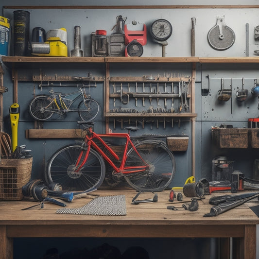 A tidy workshop with a large, wall-mounted pegboard featuring various tools and accessories, including a drill, level, hammer, and bins, with a few hooks holding a coil of rope and a bike helmet.