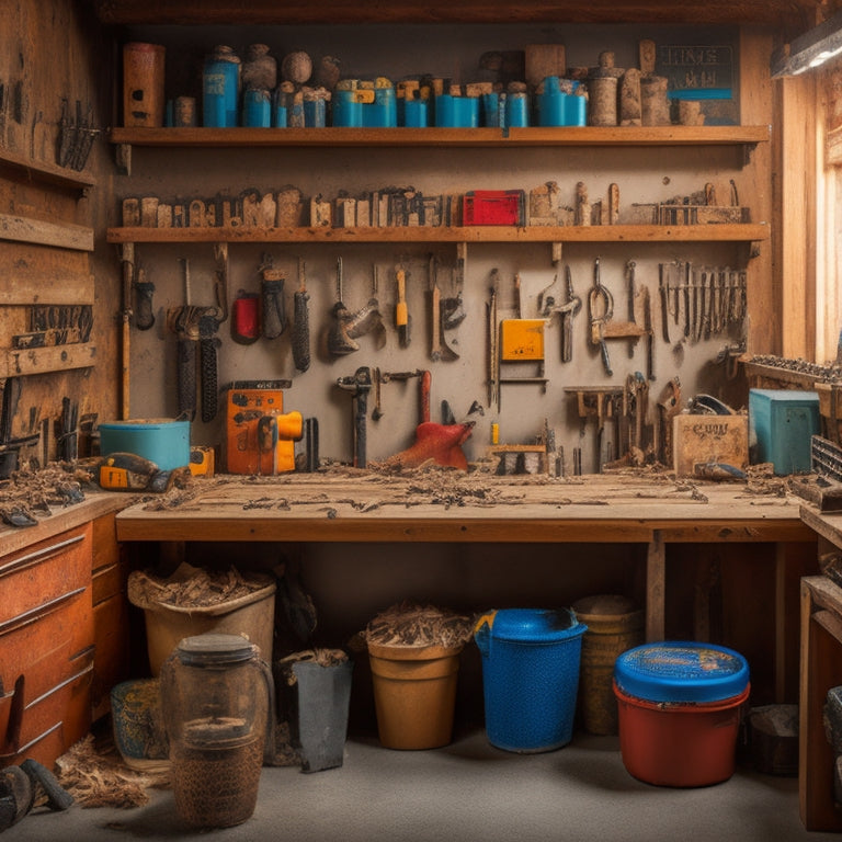 A cluttered woodworking shop with scattered tools, screws, and wood shavings, contrasted with a tidy workspace featuring a pegboard, labeled bins, and a organized workbench with a few tools neatly arranged.