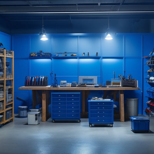 A clutter-free workshop background with 5-7 open stand-up tool boxes of varying sizes, each filled with organized tools, against a gray or blue tone, with dramatic lighting and sharp shadows.