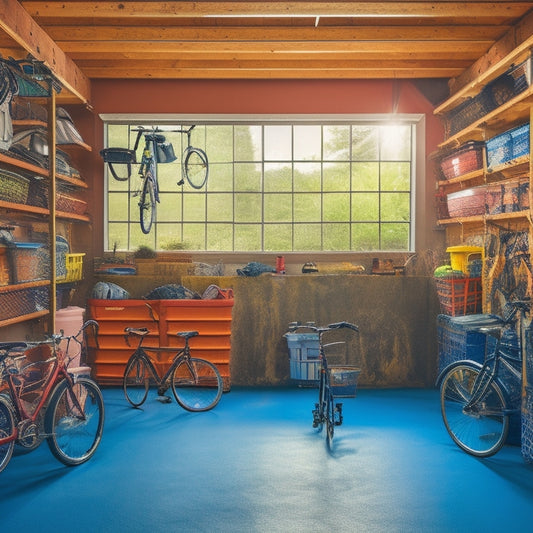 A cluttered garage with bicycles, tools, and storage bins scattered on the floor, contrasted with a clean and organized garage featuring overhead racks with neatly stored items, bicycles, and bins.