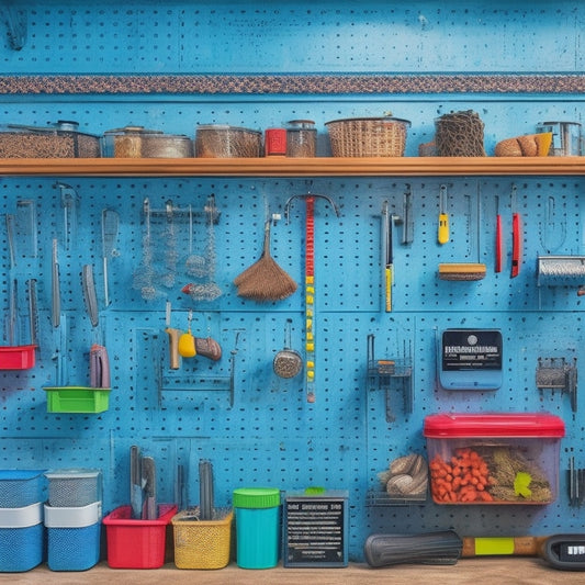 A well-organized pegboard with a mix of metal and wooden accessories, including a hammer holder, screwdriver organizer, level hook, and bins for nuts and bolts, all neatly arranged and colorful.