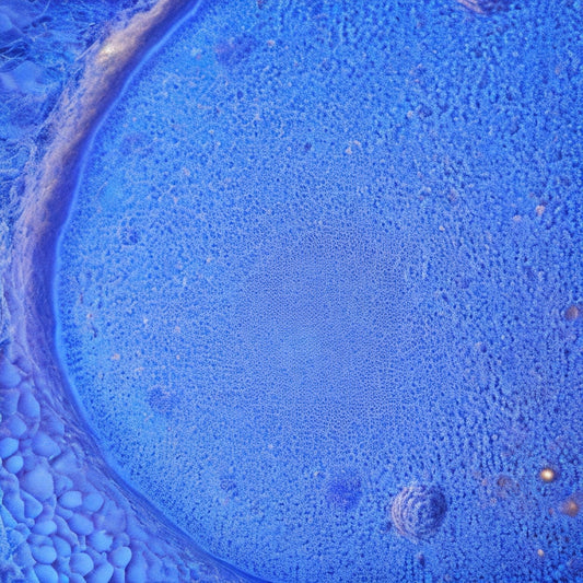 A microscope slide with a vibrant blue-stained pancreas tissue sample, surrounded by intricate networks of insulin-producing beta cells, set against a warm, golden-lit laboratory background.